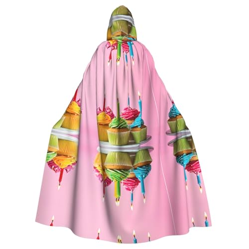 ZXMDZTSS Farbenfroher Happy Birthday Cupcakes – Druck Halloween Kapuzenumhang Erwachsene | Volldruck Umhang | Party-Kostüm | Bindeverschluss Polyester von ZXMDZTSS