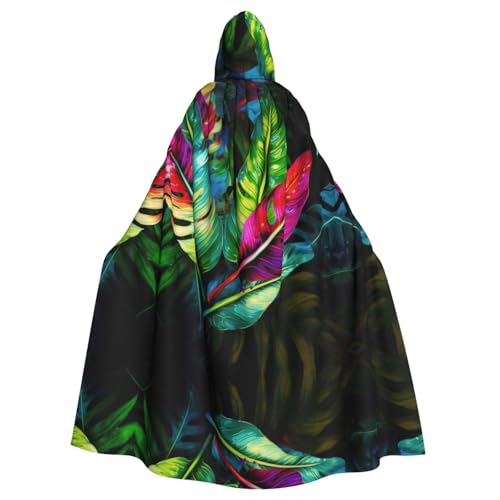 ZXMDZTSS Farbenfroher tropischer Blatt-Druck, Halloween-Kapuzenumhang für Erwachsene, Volldruck, Party-Kostüm, Bindeverschluss, Polyester von ZXMDZTSS