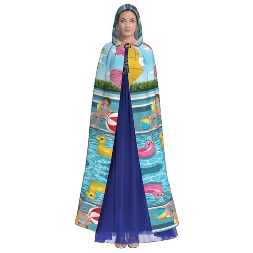 ZXMDZTSS Flamingo und Schwimmbad – Erwachsenen-Halloween-Kapuzenumhang | Volldruckumhang | Nackenverschluss von ZXMDZTSS