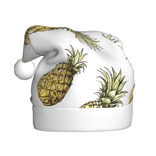 ZXMDZTSS Goldener Ananas-Hintergrund – Druck für Erwachsene, Plüsch-Weihnachtsmütze, gemütlich, festlich, Weihnachtsmann-Kopfbedeckung, Pompon für Weihnachten, Partys, Feiertage. von ZXMDZTSS