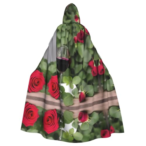 ZXMDZTSS Halloween-Kapuzenumhang mit Kerzen und rotem Rosenwein für Erwachsene, vollständiger Druck, Party-Kostüm, Bindeverschluss, Polyester von ZXMDZTSS