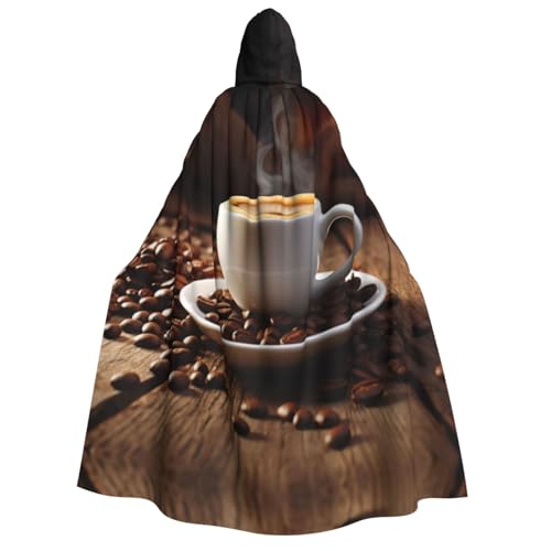 ZXMDZTSS Kaffeetasse und Kaffeebohnen – Erwachsenen-Halloween-Kapuzenumhang | Umhang mit Volldruck | Nackenverschluss von ZXMDZTSS