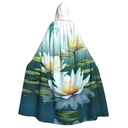 ZXMDZTSS Libelle mit Seerose – Halloween-Kapuzenumhang für Erwachsene | Volldruckumhang | Party-Kostüm | Bindeverschluss aus Polyester von ZXMDZTSS