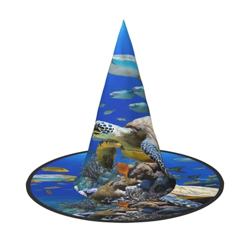 ZXMDZTSS Meeresschildkröte mit Fischen, Halloween-Hut für Erwachsene, Festivalkleidung, Hexenkostüm-Zubehör, Oxford-Stoff, 1 Stück von ZXMDZTSS