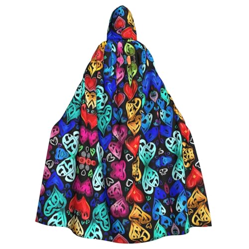 ZXMDZTSS Regenbogen-Herz-Druck, Halloween-Kapuzenumhang für Erwachsene, Volldruck, Party-Kostüm, Bindeverschluss, Polyester von ZXMDZTSS