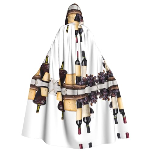 ZXMDZTSS Rotwein-Galssen und Trauben mit Holzdruck, Halloween-Kapuzenumhang für Erwachsene, Volldruck, Party-Kostüm, Bindeverschluss, Polyester von ZXMDZTSS