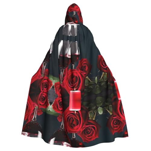 ZXMDZTSS Rotweinrosen und Kerze – Halloween-Kapuzenumhang für Erwachsene, Volldruck, Party-Kostüm, Bindeverschluss, Polyester von ZXMDZTSS