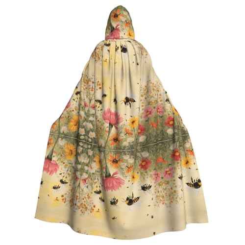ZXMDZTSS Rural Bees Wildblumen-Druck, Halloween-Kapuzenumhang für Erwachsene, vollständiger Druck, Party-Kostüm, Bindeverschluss, Polyester von ZXMDZTSS