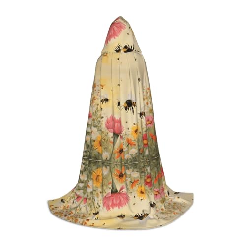 ZXMDZTSS Rural Bees Wildblumen-Druck, Jugend-Kapuzenumhang, Umhang für Teenager, Halloween-Kostüm, wiederverwendbare Partykleidung, Größe S von ZXMDZTSS