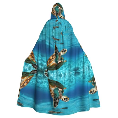 ZXMDZTSS Schwimmender Schildkröten-Meer-Druck, Halloween-Kapuzenumhang für Erwachsene, vollständiger Druck, Party-Kostüm, Bindeverschluss, Polyester von ZXMDZTSS