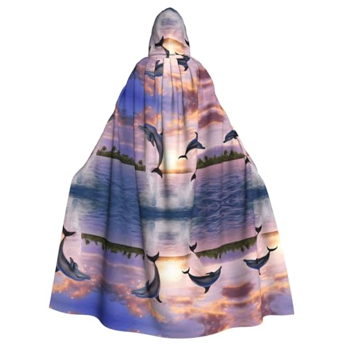 ZXMDZTSS Sonnenuntergang Delfine – Druck Halloween Kapuzenumhang Erwachsene | Volldruck Umhang | Party-Kostüm | Bindeverschluss Polyester von ZXMDZTSS