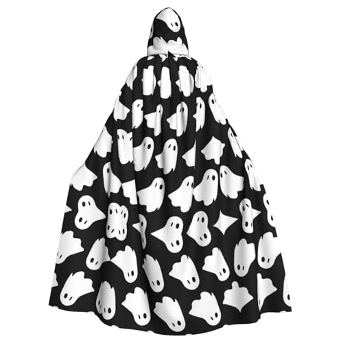 ZXMDZTSS Süßes weißes Geister-Halloween-Muster – Halloween-Kapuzenumhang für Erwachsene | Volldruckumhang | Party-Kostüm | Bindeverschluss aus Polyester von ZXMDZTSS
