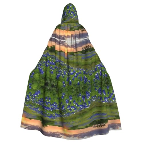 ZXMDZTSS Texas Bluebonnets Scenery – Druck Halloween Kapuzenumhang Erwachsene | Volldruck Umhang | Partykostüm | Bindeverschluss Polyester von ZXMDZTSS