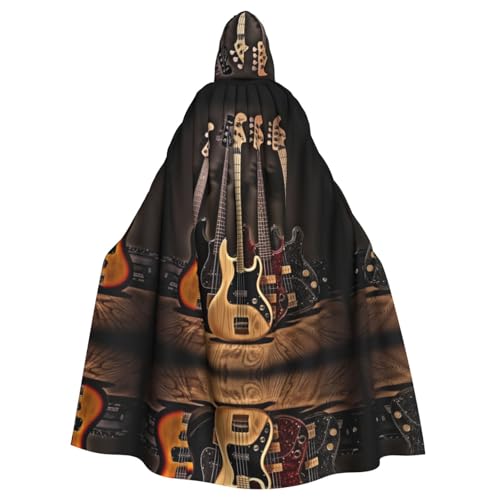 ZXMDZTSS Umhang mit Kapuze für Erwachsene, Motiv: Gitarre, Bass, Musik, Musikinstrumente – Druck für Halloween, Volldruck, Party-Kostüm, Bindeverschluss, Polyester von ZXMDZTSS