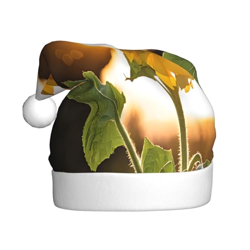 ZXMDZTSS Weihnachtsmütze mit Sonnenblumen-Motiv, für Erwachsene, Plüsch, gemütlich, festlich, Weihnachtsmann-Kopfbedeckung, Pom-Pom für Weihnachten, Partys, Feiertage. von ZXMDZTSS