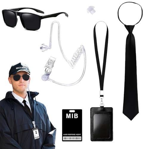 Geheimagent Kostüm Zubehör Security Security Ausrüstung Men In Black Kostüm Secret Service Kostüm Set Spion Kostümzubehör Mit Schwarzer Sonnenbrille Reißverschluss Mit Kopfhörer Kartenhalter Unisex von ZXNJA