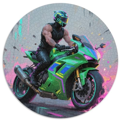 Motorradfahrer 1000 Teile Rundes Puzzle Kreatives Coole SportKunsten Geschenk Unmögliches Spiel Für Erwachsene Und Kinder 1000pcs (67.5x67.5cm) von ZXOAWQX