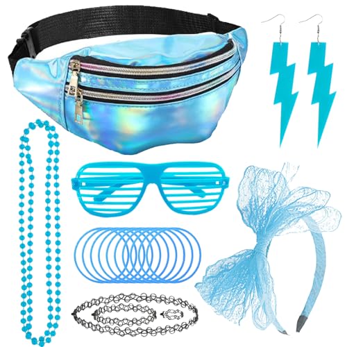 ZXTGBQ 90er Jahre Outfit Damen, 80 Jahre Kostüm Zubehör für Damen Set, 90er Accessoires mit Bauchtasche, Blitz-Ohrringe, Tattoo Kette, Halskette, Party Zubehör (Blau) von ZXTGBQ