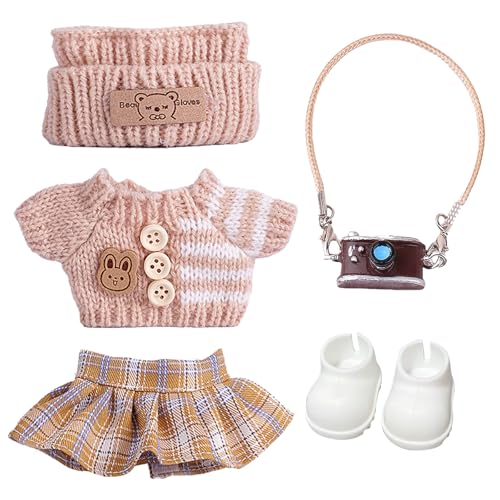 ZXTGBQ Bekleidung für 17cm Labb Plüsch, 3-Teilig mit Fischerhut, Pullover und Hose oder Rock, Kuscheltier Kleidung Outfit Mit Kamera und Schuhe, Puppenzubehör Geschenke (Lila) (Hellbraun) von ZXTGBQ