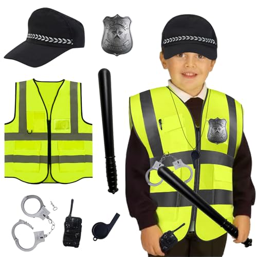 ZXTGBQ Polizei Kostüm Kinder, 7 PCS Polizei Kostüm Zubehör, mit polizei Mütze Handschellen Weste Walkie Talkie, Kostüm Kind Verkleidung für Rollenspiele, Halloween, Festival-Cosplay von ZXTGBQ