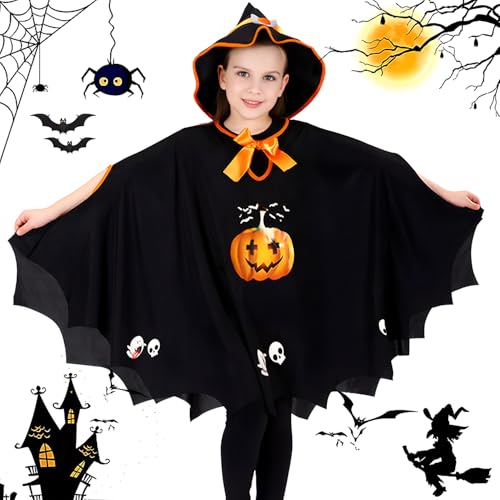 ZXYue Kinder Halloween Kostüm Fledermaus Umhang Schwarz Hexe Zauberer Umhang mit Hexehut für Halloween Cosplay Party,Karneval,Themenparty,Geeignet für Höhe 90-150cm Mädchen Jungen Kinder von ZXYue