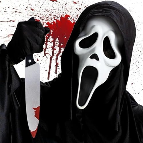 ZXYue Scream Maske Ghostface Masken Halloween 2Pcs Horror Geist Scary Movie Maske mit Blut Kunststoffmesser Horror Set für Erwachsene/Kinder Karneval Fasching Halloween Kostüm Gruselpart von ZXYue