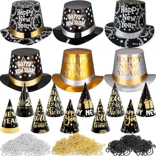 ZYDNANYANG Neujahr 2024 Partyhut Neujahr Silvester,6 Stück Partyhüte,6 Stück Dreieckiger spitzer Hut,12 Frohes Neues Jahr Tiara Hörner Hüte Ausblase und Beads (Hats) von ZYDNANYANG