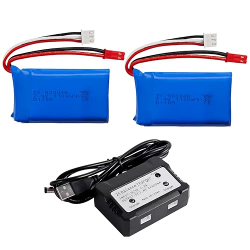 ZYGY 2pcs 7.4V 1100mah Lithium Batterie & 2 in 1 Ladegerät für WLtoys A949 A959 A969 A979 S989 V912 T23 T55 F45 A320 A321 RC Car RC Drohne von ZYGY