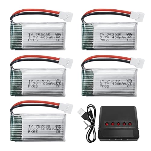 ZYGY 5Stück 3.7V 400mah Lithium Akku mit 5in1 Ladegerät für H99W H31 H6C H98 AT-96 TR-C385 TR-P51 TR-F22 RC Drohne (Rot) von ZYGY
