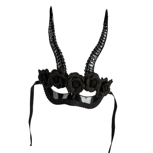 ZYHARUKO Schwarzes Ziegenhorn, halbes Gesicht für Halloween-Kostüm, leichtes Harz, verstellbarer Riemen, detaillierte geformte Hörner, Party-Requisiten, hochdetailliertes Partyzubehör aus Kunstharz von ZYHARUKO