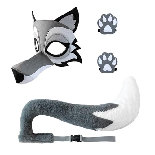 ZYHARUKO Wolfskostüm für Kinder und Erwachsene, mit Wolfsschwanz, Gesicht und Handschuhen für Kinder, Erwachsene, Halloween, Weihnachten, Geburtstag, Cosplay von ZYHARUKO