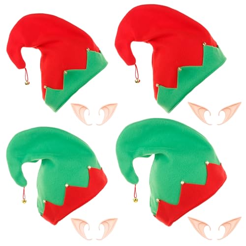 ZYHDFH 4 Stück Weihnachtselfen Hut mit 4 Paar Hellgelbe Elfenohren Weihnachtself Mütze Elfenmützen kinder Wichtelmütze Weihnachten Dress Up für Kinder Erwachsene Weihnachten Karneval Party von ZYHDFH