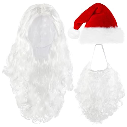 ZYHDFH Weihnachtsmann Bart + Perücke + Mütze Weihnachtsmann Kostüm Weihnachtsmütze Bart und Perücke Erwachsene Kostüm Accessoires für Weihnachten Heiligabend Weihnachtsparty von ZYHDFH