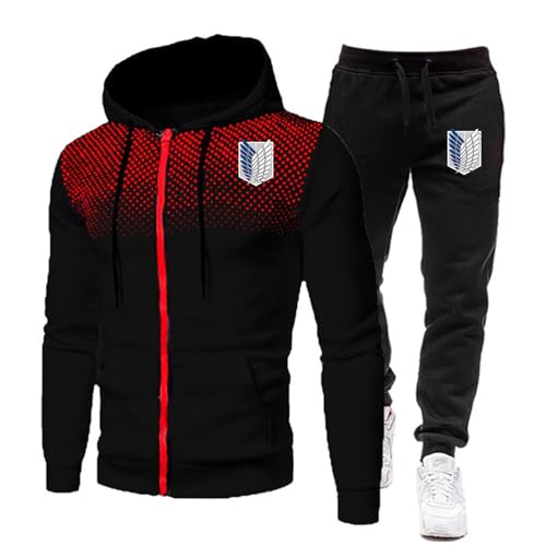 ZYHJZ 2-teiliger Trainingsanzug für Herren für Attack Titan, Langarm-Kapuzenpullover mit durchgehendem Reißverschluss, einfarbiges, lässiges Sweatshirt Jogginghose, Trainingsanzug Set,Black-XL von ZYHJZ