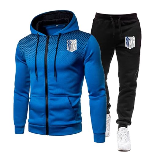 ZYHJZ 2-teiliger Trainingsanzug für Herren für Attack Titan, Langarm-Kapuzenpullover mit durchgehendem Reißverschluss, einfarbiges, lässiges Sweatshirt Jogginghose, Trainingsanzug Set,Blue-L von ZYHJZ