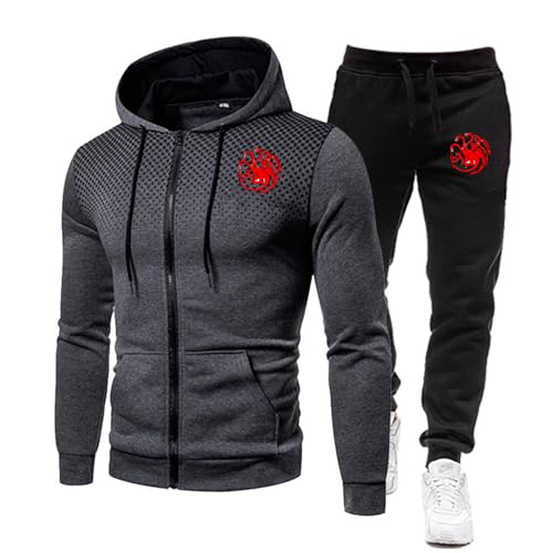 ZYHJZ Trainingsanzug für Herren, langärmeliger Kapuzenpullover für Targaryen, modischer Jogginganzug mit Kapuzenpullover und Jogginghose, Jogginghose und Sweatshirt,Grey-XXL von ZYHJZ