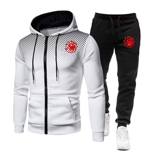 ZYHJZ Trainingsanzug für Herren, langärmeliger Kapuzenpullover für Targaryen, modischer Jogginganzug mit Kapuzenpullover und Jogginghose, Jogginghose und Sweatshirt,White-XXL von ZYHJZ