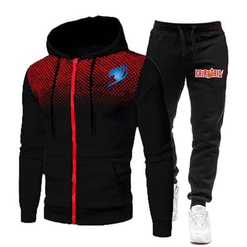 ZYHJZ Trainingsanzug für Herren langärmlig Oberteil und Unterteil für FAIRY TAIL, Set mit Reißverschluss und Kapuze, lässig, sportlich, Fitnessstudio, Jogginganzug mit Kordelzug,Black-S von ZYHJZ