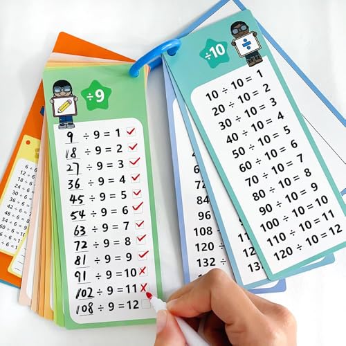 Division Lernkarten Set mit 15 Karten und 2 abwischbaren Stiften，Einmaleins Lernhilfe für Kinder,Spaßiges Division Lernen,Tragbare Lernhilfe zur Einschulung,Mathematik Lernspiel für Zuhause und Schule von ZYJBD
