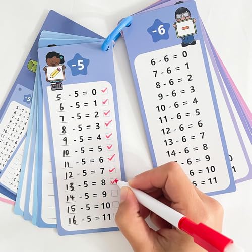 Subtraktion Lernkarten Set mit 15 Karten und 2 abwischbaren Stiften，Einmaleins Lernhilfe für Kinder, Spaßiges Lernen, Tragbare Lernhilfe zur Einschulung, Mathematik Lernspiel für Zuhause und Schule von ZYJBD