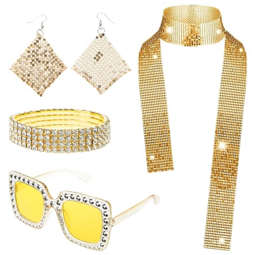ZYKEJJDDAK 1970er Jahre Cosplay Kostüm Zubehör Sonnenbrille Ohrringe Lange Schal Hut Stirnband Armband 1970er Jahre Cosplay Fancy von ZYKEJJDDAK