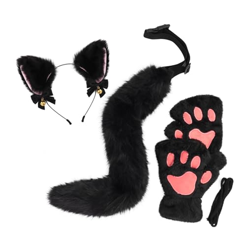 ZYKEJJDDAK 3-teiliges Halloween-Katzen-Kostüm-Set für Mädchen, Cosplay, Halloween-Katzen-Kostüm, Zubehör mit Stirnband, Schwanz, von ZYKEJJDDAK