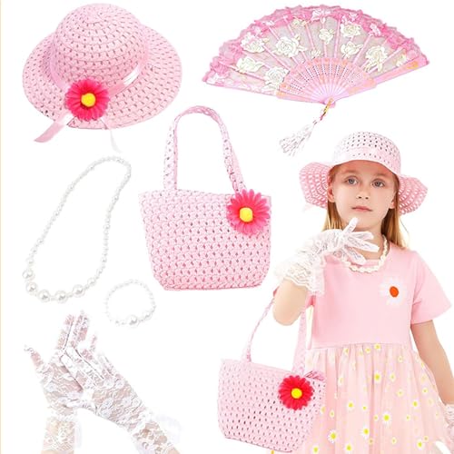 ZYKEJJDDAK 7 x Handtaschenhut, lange Spitzen-Handschuhe, Perlen-Halskette, Hochzeitskostüm, Strohhut für Damen, Mädchen, Teeparty ZYKEJJDDAK 7 x Handtaschenhut, lange Spitzen-Handschuhe, Perlen-Halskette, Hochzeitskostüm, Strohhut für Damen, Mädchen, Teeparty von ZYKEJJDDAK