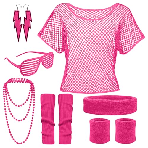 ZYKEJJDDAK 80er Jahre Kostüm Zubehör Set für Damen Sonnenbrille Stirnband Hemd Halskette Armband 80er Jahre Party von ZYKEJJDDAK