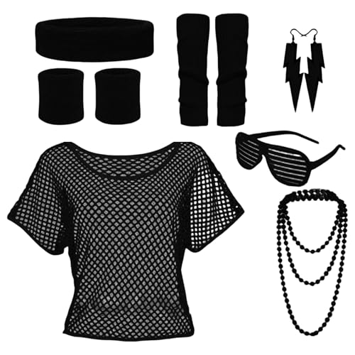 ZYKEJJDDAK 80er Jahre Kostüm Zubehör Set für Damen Sonnenbrille Stirnband Hemd Halskette Armband 80er Jahre Party von ZYKEJJDDAK