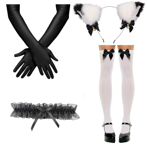 ZYKEJJDDAK Catgirl Kostüm Zubehör Katzen Ohr Stirnband Spitze Kragen Halskette Handschuhe und Strumpf für Frauen Mädchen von ZYKEJJDDAK