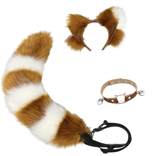 ZYKEJJDDAK Fuchs-Ohren-Haarband, Fuchs-Schwanz, verstellbarer Gürtel, Glocken, Kragen, Plüsch-Tierschwanz, Dekorationen für Halloween von ZYKEJJDDAK