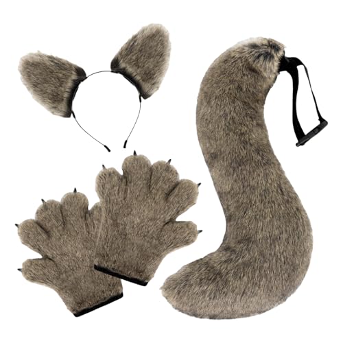 ZYKEJJDDAK Fuchs Wolf Kostüm Set Ohren Schwanz Pfoten Handschuhe Tier Fancy Kostüm Kits Zubehör Kinder Erwachsene Halloween von ZYKEJJDDAK
