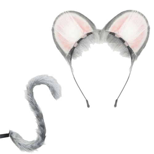 ZYKEJJDDAK Haarreif mit Maus, Katzen, Wolf, Füchse, Schwanz, Ohren, Stirnband, Set für Halloween, Weihnachten, Kostümparty, Spielzeug für Damen und Herren, 2 Stück von ZYKEJJDDAK