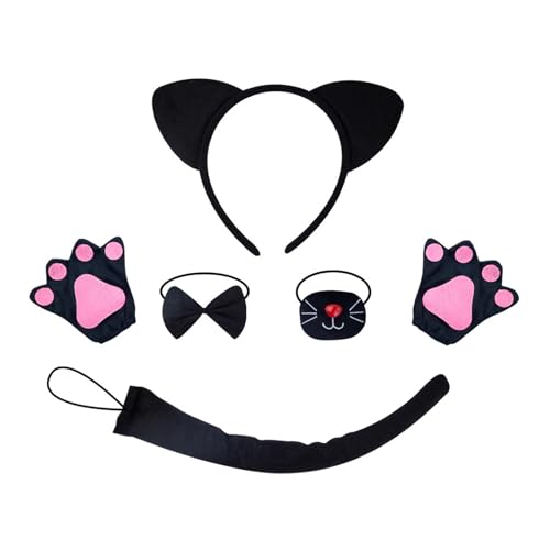 ZYKEJJDDAK Halloween-Tier-Kostüm-Set, Katzenhaarreifen-Set, schöne Katzenohren, Stirnband, Plüschschwanz, Fliege, Netzrock von ZYKEJJDDAK